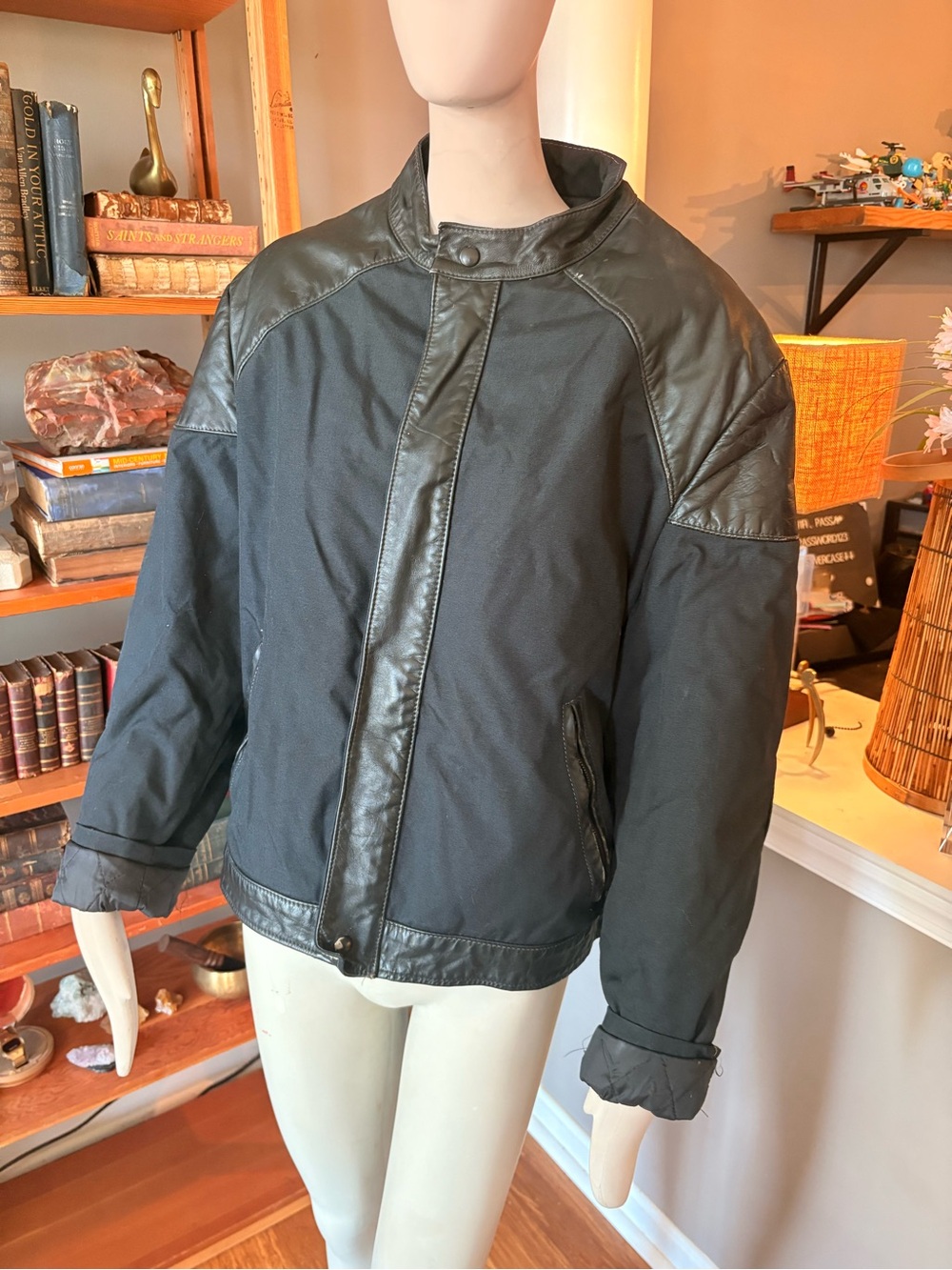 Protech Black Biker Bomber Jacket with Leather Trim SIZE NOT SURE